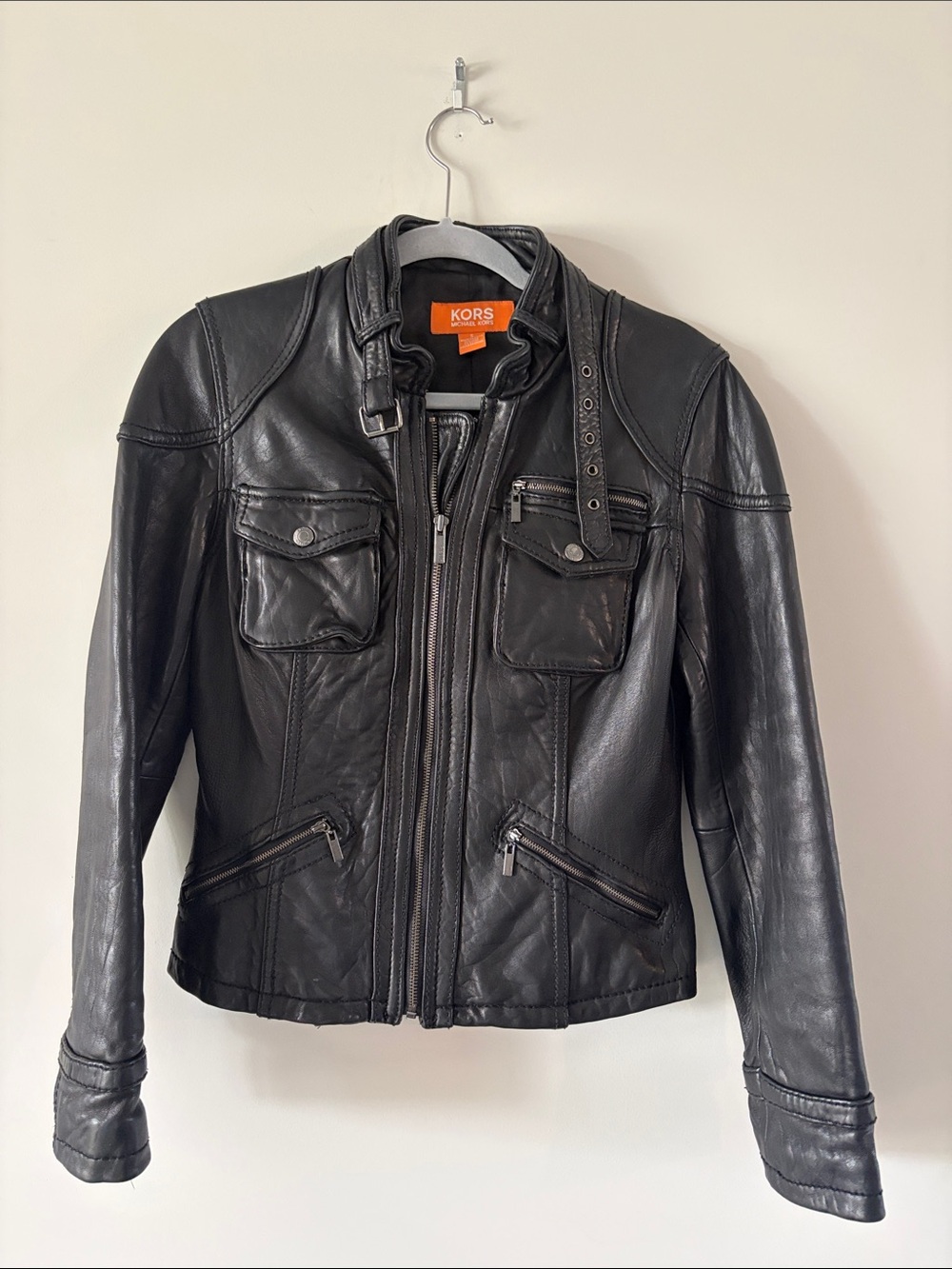 KORS Michael Kors Black Leather Zip Front Jacket